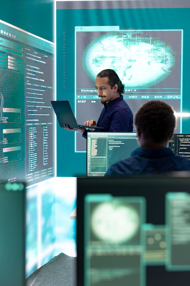 Professional working with technology to address challenges